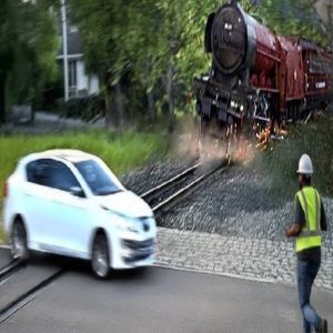 سيارة ذاتية القيادة تتوقف أمام القطار وصاحبها ينجو بالقفز