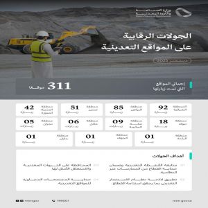 "الصناعة" تنفذ 311 جولة رقابية على المواقع التعدينية خلال شهر ديسمبر 2025