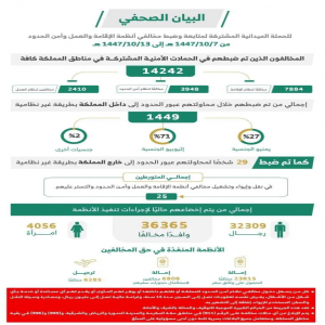 خلال أسبوع.. ضبط 14242 مخالفًا لأنظمة الإقامة والعمل وأمن الحدود