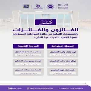 إدارة تعليم القصيم تهنئ طلابها الفائزين بجائزة المواطنة المسؤولة
