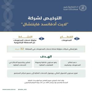 "ساما" يرخص لشركة "لايت أدفانسد فايننشال" لمزاولة نشاط خدمات المدفوعات