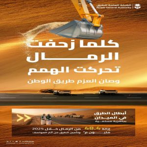 "هيئة الطرق": إزالة 48.4 مليون متر مكعب من الرمال في 2025 عن حرم الطريق